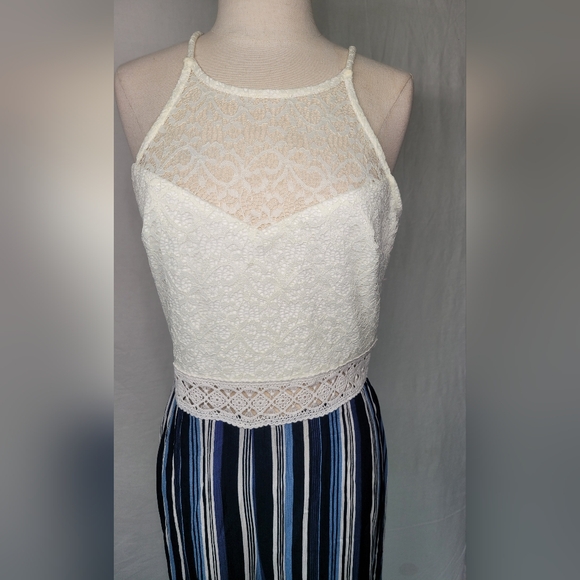 NWT I.N. Blue White Stripe Sleeveless Lace Bodice Wide Leg Jumpsuit, Sz 11 - Picture 2 of 15